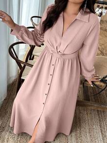 SHEIN LUNE Đầm sơ mi tay dài màu trơn thiết kế xoắn cỡ lớn cho nữ - Bụi hồng - Xem 6