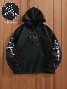 Manfinity Homme Men's Thermal Lined Solid Color Thermal Lined Hoodie With Drawstring, Letter Embroidery, Casual & Versatile, Autumn/Winter, Long Sleeve Top - Black - View 7