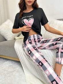 心形与字母图案 T 恤和格子印花裤睡衣套装 / 睡衣套装 - 彩色 - 查看 5