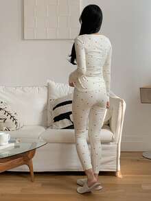 DAZY 2 件女式波尔卡圆点印花修身长袖上衣和裤子睡衣套装，秋冬睡衣秋季衣服 - 白色 - 查看 2