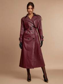 Silquee 女式纯色翻领长袖双排扣 PU 皮革宽松风衣 - 酒紅色 - 查看 5