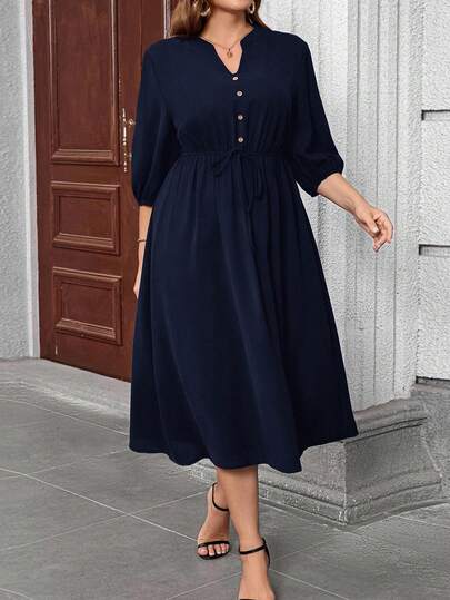 EMERY ROSE 大码V领落肩泡泡袖遮肚中长连衣裙