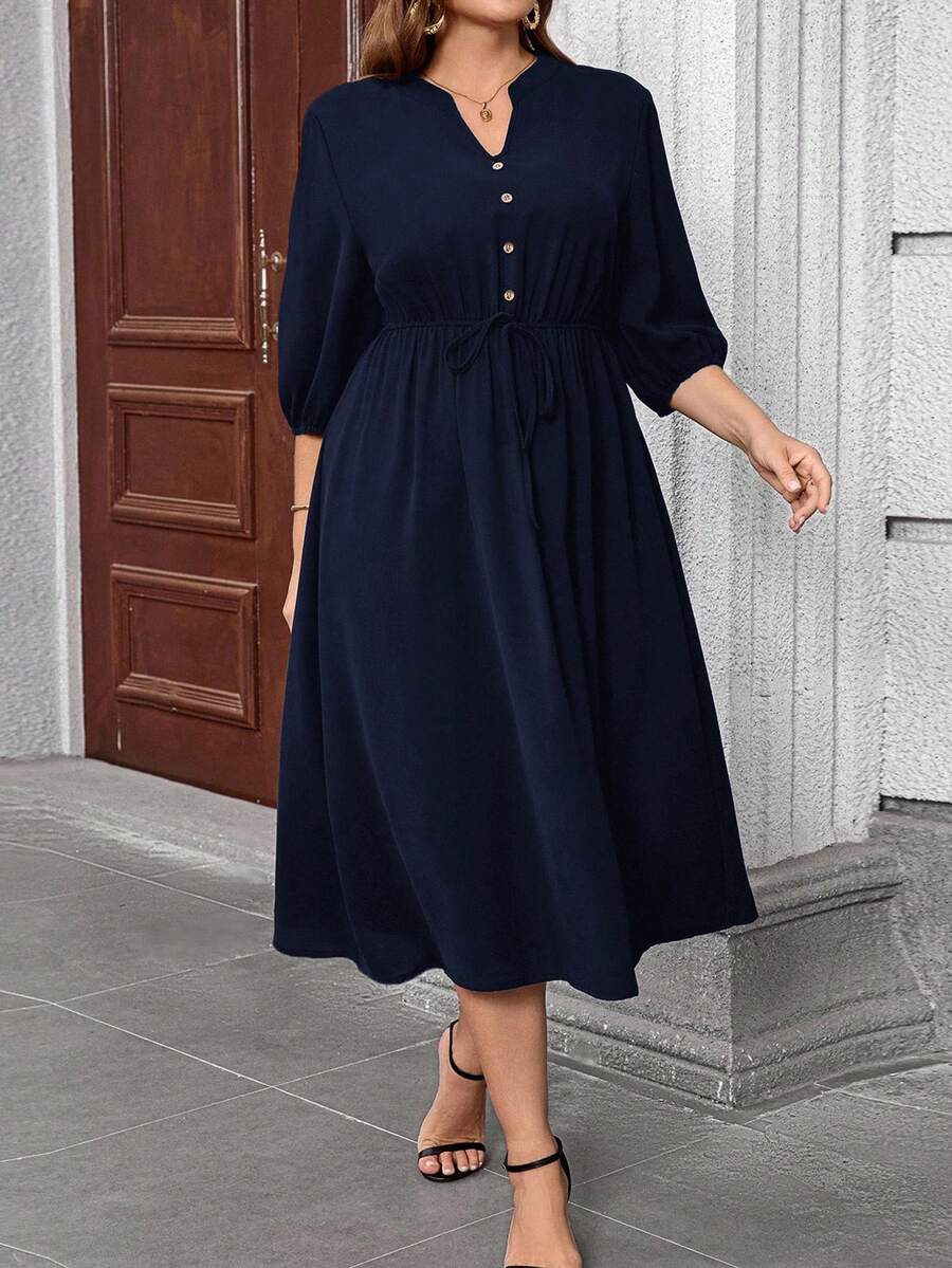 EMERY ROSE 大码V领落肩泡泡袖遮肚中长连衣裙