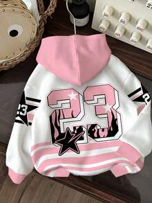 SHEIN Happikins 女童撞色街头运动风卫衣，23号字母印花，休闲舒适厚实保暖柔软宽松卫衣，适合秋冬季日常穿着、街头风、校园风、度假风、舒适季节、秋冬季穿搭、轻松舒适、秋冬季叠穿、时尚女孩、休闲装、运动街头数字印花、秋冬季、时尚秋季、新款式、返校季、冬季时尚、POV - 彩色 - 查看 2