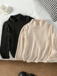 SHEIN Genkimix Kids 少女休闲纯色罗纹高领长袖T恤，秋季