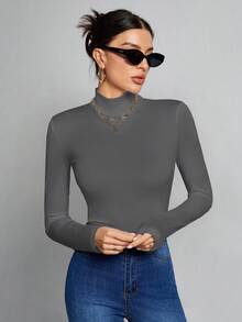 Tall Blusa blanca de cuello alto y silueta delgada, adecuada para otoño e invierno - Gris - Ver 3