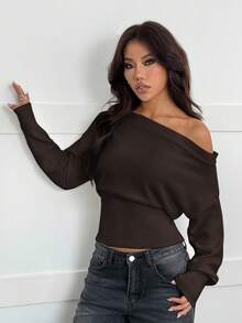 SHEIN PETITE 米色超大3D碎花肩部浪漫宽松针织毛衣，秋冬 - 棕色 - 查看 4