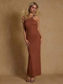 Glamine Women's Elegant Chic Minimalist Solid Color Round Hoop Shoulder Fishtail Hem Fitted Dress, Summer - Coffee - View 1