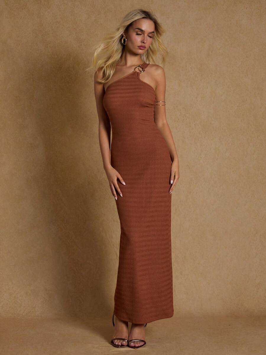 Glamine Women's Elegant Chic Minimalist Solid Color Round Hoop Shoulder Fishtail Hem Fitted Dress, Summer - Coffee - View 1