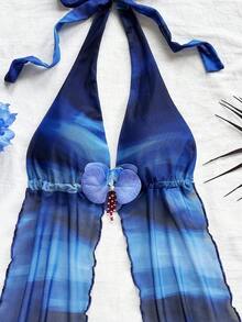 SHEIN x Eduarda Gutierrez Soleia 女式复古扎染花卉印花针织网眼露背系带上衣和褶饰迷你裙套装，适合派对、约会、下午茶、海滩、狂欢节、夏季 - 彩色 - 查看 5