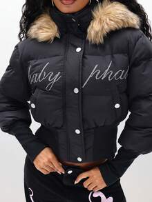BABYPHAT Cropped Puffer Jacket With Fur Hood Embroidered Winter Coat Quilted Outerwear