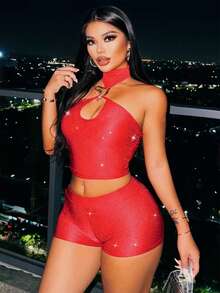 INAWLY 1 Set Sexy Red Glitter Halter Hollow Out Metal Chain Crop Top And Shorts - Burgundy - View 4