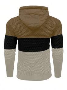 Manfinity Homme Áo len nam dài tay có mũ, dây rút, phối sọc tương phản, màu kaki, kiểu dáng thường ngày, có mũ trùm đầu, áo hoodie nam, áo chui đầu nam. - Nhiều màu - Xem 2