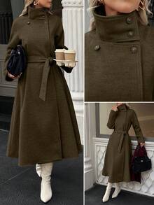 Xyvia 秋冬女装休闲高领纽扣腰带中长款毛呢大衣，老钱风女装/女士办公装/外出装，女士秋装 - 軍綠色 - 查看 1