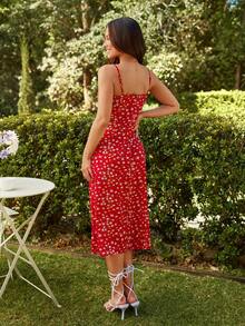KARISMINA Ditsy Floral Print Split Thigh Cami Dress - Red - View 2