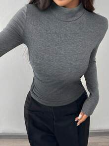 SHEIN EZwear Plus Size Women Gray Casual Basic Turtleneck Long Sleeve T-Shirt/Fall/Winter