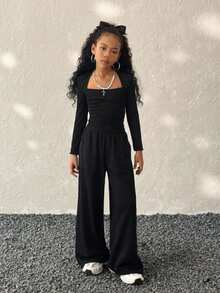 Coolane Kids Tween Girl Fall /Winter, Black Long Sleeve Tween T-Shirt With Queen Anne Neckline For Everyday Casual Style,Fall/Winter/Relaxed Wide Leg Knit Pants Set,Christmas,New Year ,Thanksgiving