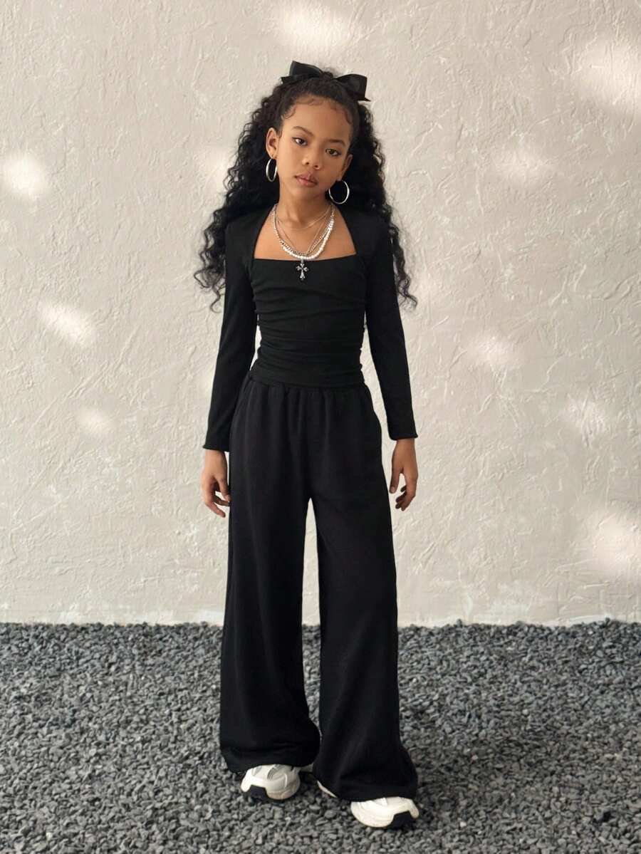 Coolane Kids Tween Girl Fall /Winter, Black Long Sleeve Tween T-Shirt With Queen Anne Neckline For Everyday Casual Style,Fall/Winter/Relaxed Wide Leg Knit Pants Set,Christmas,New Year ,Thanksgiving