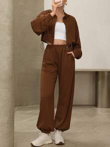 Modelyn 2件套女式休闲连帽拉链收腰长袖运动衫和慢跑裤套装 - 棕色 - 查看 4