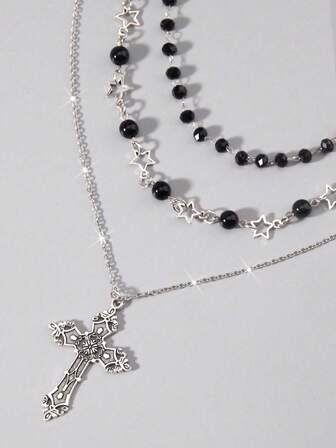 Goth 3pcs Gothic Style Black Beaded, Red Heart & Red Cross Necklace Set, Halloween Gift