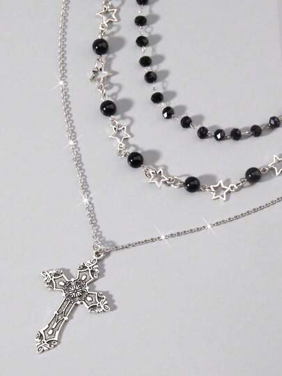 Goth 3pcs Gothic Style Black Beaded, Red Heart & Red Cross Necklace Set, Halloween Gift