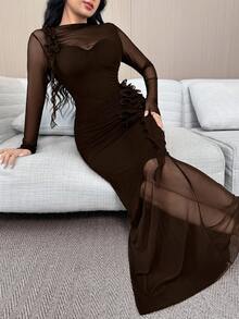 Feyla 优雅女士连衣裙，3D 荷叶边下摆 - 咖啡棕 - 查看 5