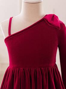 Glamorique Kids Young Girls Elegant Charming Cute Wine Red Single Sleeve Bowknot Waist Slim Velvet Flared Dress - Burgundy - View 5