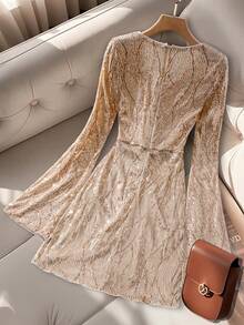 Franclia Women's Elegant Sequin Embroidered Sleeve Slit Party Mini Dress, Autumn/Winter - Khaki - View 2
