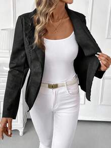 SHEIN Clasi 女士时尚PU仿麂皮翻领束腰夹克秋冬女装 - 黑色 - 查看 8