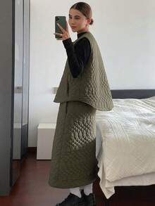 DAZY 2pcs Women Solid Color Quilted Loose Crew Neck Sleeveless Jacket And A-Line Long Skirt Set, Autumn/Winter Lounge Sets For Women - Green - View 2
