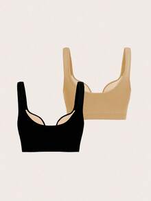 Easithlete 2件装纯色吊带时尚运动文胸上衣，内置胸罩，无钢圈，深V领，露脐短款上衣，内置胸罩，肩带，方领，双面隐形文胸 - 彩色 - 查看 2