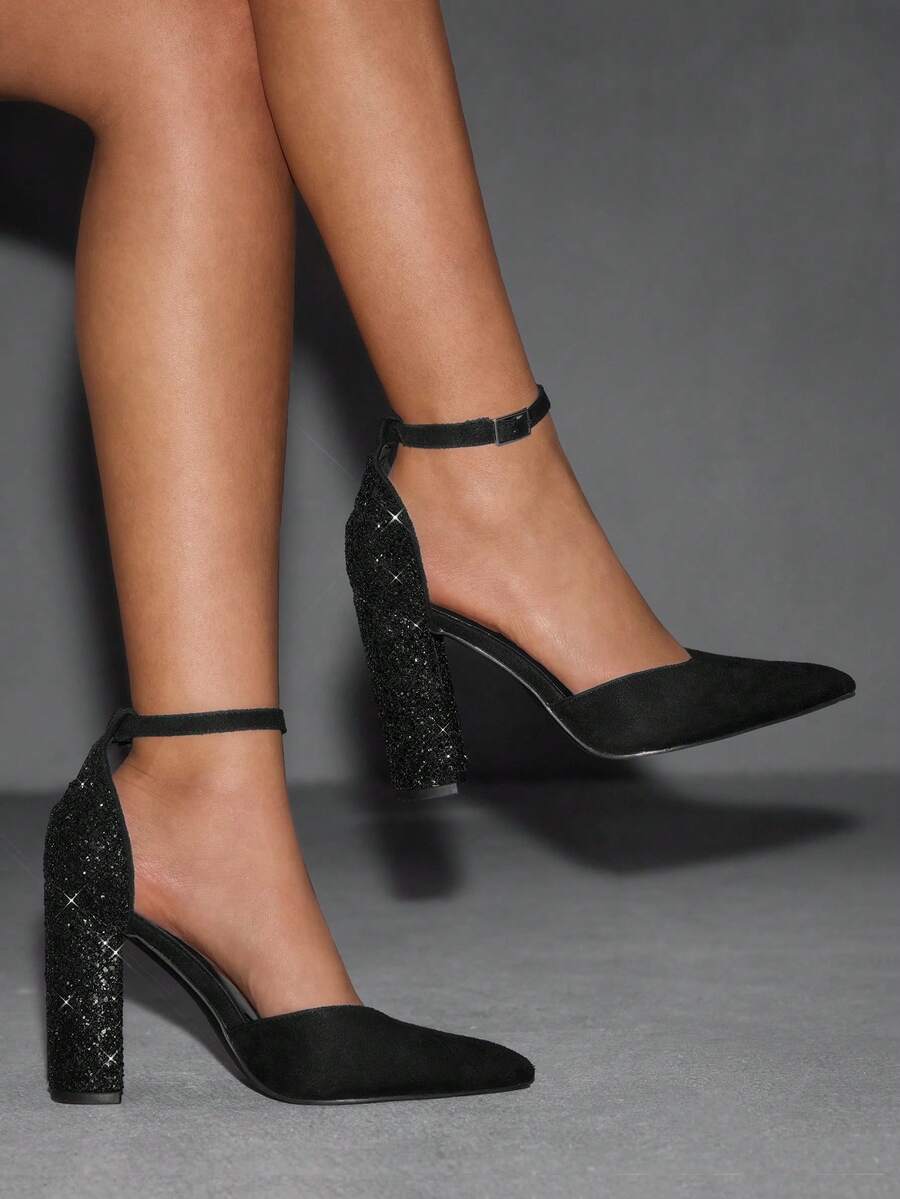 CUCCOO SZL Fashionable Pointed Toe Thick High Heel Black Glitter Ankle Strap Women's High Heel Pumps, Hollow Out Sexy Elegant Party Dress Shoes For Christmas