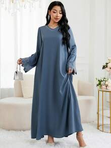 Al Najma Váy dài thanh lịch phong cách Ả Rập đính đá và bướm thêu - Màu xanh lam - Xem 4