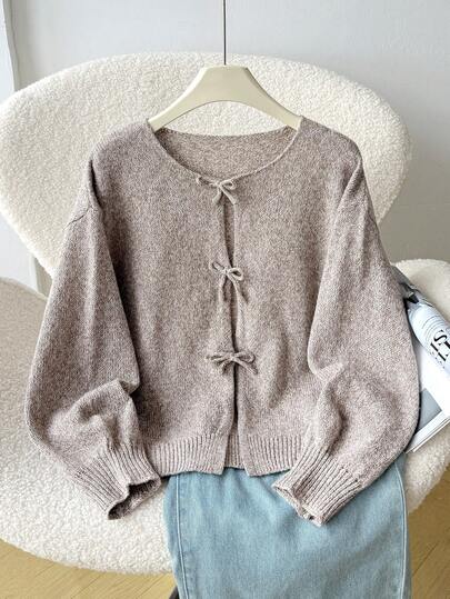 SHEIN Tween Girls Casual Fashion Versatile Knitted Bow Lantern Sleeve Cardigan Sweater, Suitable For Weekend, Casual Outing, Back To School, Autumn/Winter Bow Clothes Tween Girl Clothes Girls Brown Cardigan Brown Sweater