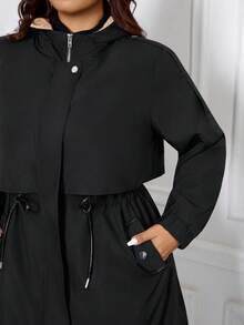 SHEIN Clasi Áo khoác gió giữ nhiệt có mũ trùm đầu, thắt lưng rút dây cỡ lớn, mùa thu/đông - màu đen - Xem 11