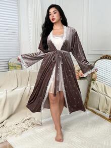 Dazy Plus Plus Size Women Elegant Velvet & Contrast Lace Long Tie-Waist Robe, Thick Warm Sleepwear For Autumn/Winter