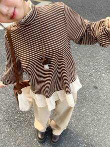 FRIFUL Women's Round Neck Loose Fit Striped Puff Sleeve Lace Patchwork Casual Long Sleeve T-Shirt