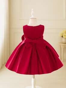 Glamorique Kids Đầm dự tiệc không tay thắt nơ eo họa tiết hình học cho bé gái - Màu Đỏ Sâu - Xem 2