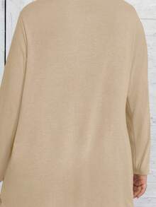 SHEIN LUNE Jaket Kardigan Lengan Panjang Wanita Ukuran Besar Kasual Warna Polos untuk Musim Dingin dan Gugur - Khaki - View 7