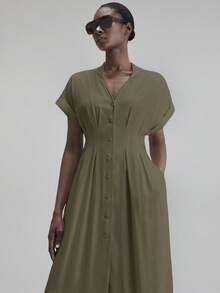 Ontre 女士纯色 V 领蝙蝠袖褶皱单排扣休闲长裙，适合城市通勤、商务休闲、办公室穿着、教师制服、优雅派对礼服、圣诞节、万圣节、海滩度假 - 軍綠色 - 查看 7