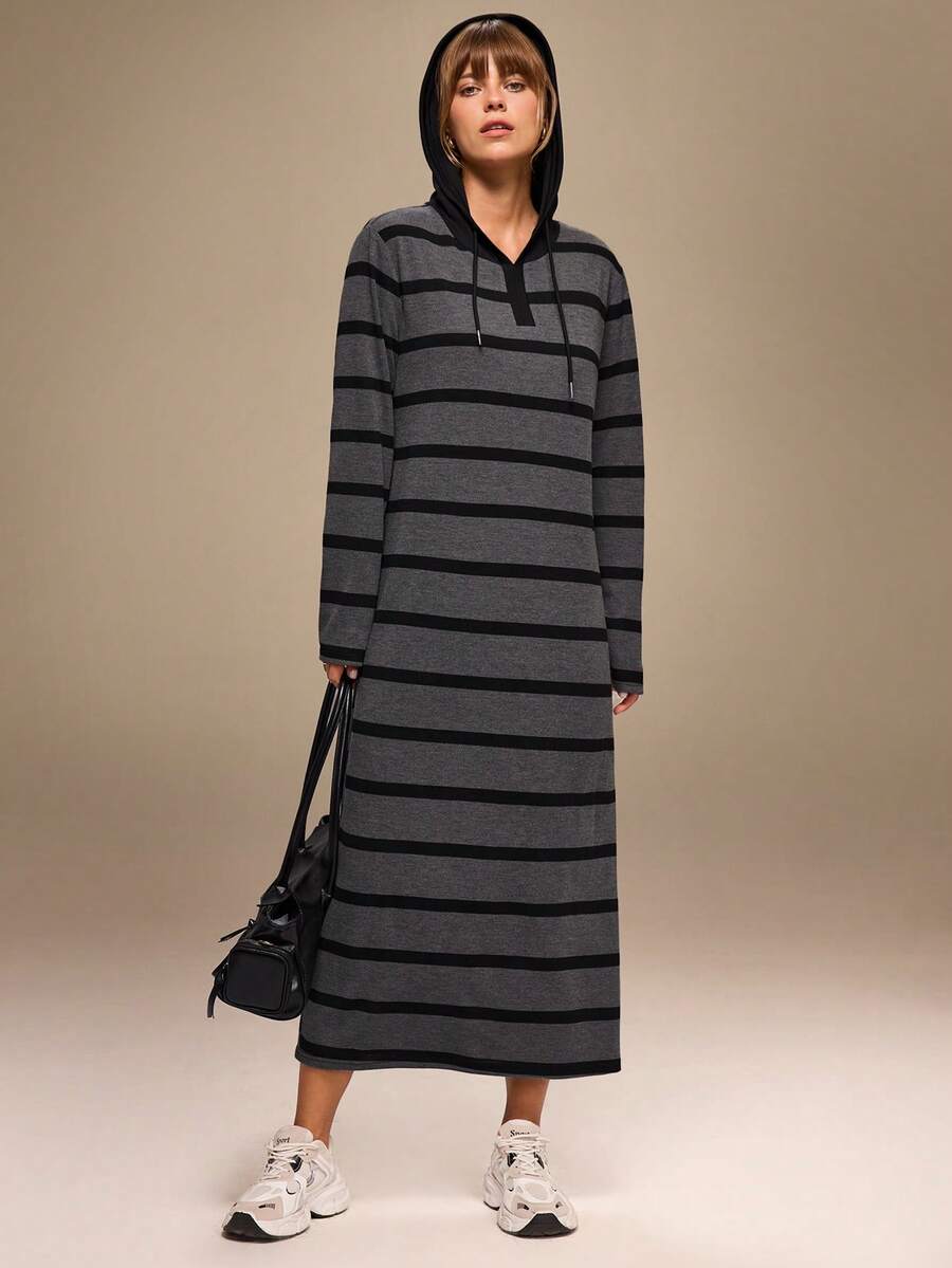 Hanevo 女式连帽长袖休闲家居服条纹抽绳连衣裙 - 彩色 - 查看 1