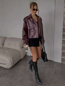 SHEIN BAE Women's Solid-Color Long-Sleeve Zipper Collar Casual PU Leather Trench Coat, Fall Edition Women's Leather Trench Coat, Burgundy Leather Trench Coat Loose-Fit Leather Jacket, Fall Collection Lychee-Grain Leather - Red Violet - View 4