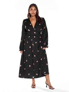 Solavibe Plus Size Fall/Winter Women's Casual Holiday Date Dress, Plus Size Fall/Winter Casual Vacation V-Neck Fitted A-Line Romantic Printed Women's Long-Sleeved Dress, Holiday Beach Dress, School Uniform, Very Simple Outfit, Women's Country Clothing, Office Attire, Old Money Attire, Teacher Attire, Date Attire, Graduation Season, Fall Women's Clothing, Plus Size Dress. - Multicolor - View 4