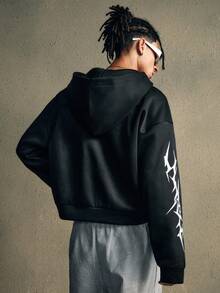 AXEPEAK 街头休闲嘻哈印花男士连帽卫衣，长袖上衣 - 黑色 - 查看 2
