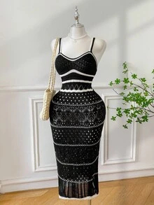 GalTyme Plus Size Casual Colorblock Striped Knit Cami Dress - Black - View 8