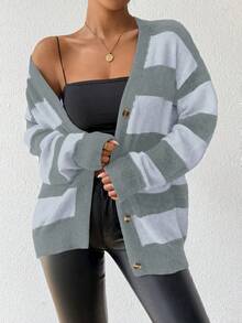 EMERY ROSE Autumn/Winter New Design Striped Faux Mink Fleece Cardigan Sweater For Women - Dark Grey - View 3