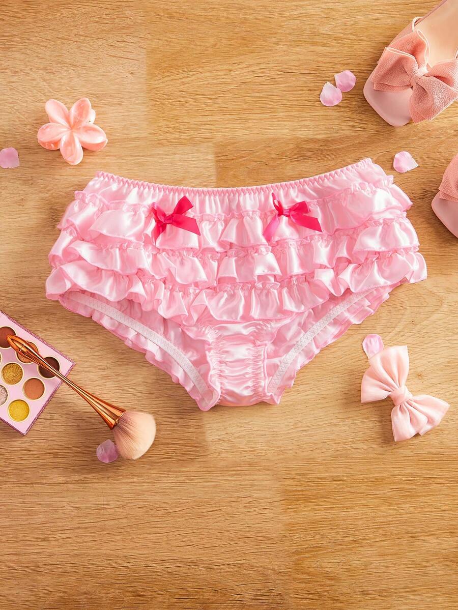 Pink Satin Taffeta Bow Ruffle Cake Skirt Cute & Sweet Panties, Teenage Girls Underwear - Pink - View 1