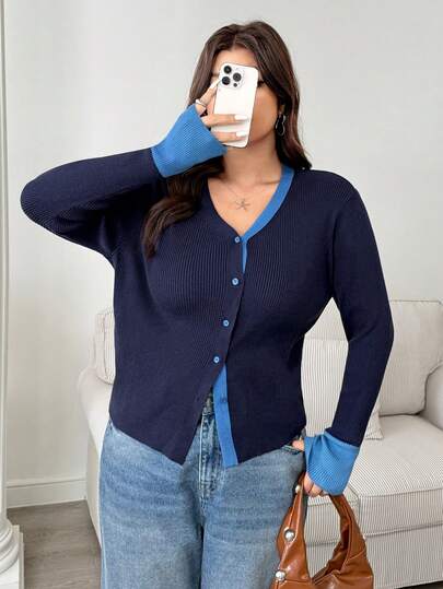 Dazy Plus Áo len cardigan cổ chữ V ôm sát, màu sắc đơn giản, cỡ lớn dành cho nữ, thu/đông