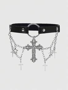 ROMWE Bộ 2 đai garter cho nữ kèm xích đen, họa tiết ngôi sao năm cánh, trang trí chữ thập rỗng, đai garter chân phong cách Gothic dùng cho đầm, váy, đa năng hàng ngày, Halloween - Vòng chân chữ thập màu đen - Xem 1