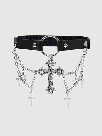 Goth 2 pezzi Reggicalze da donna con catena nera, decorazione a stella a cinque punte e croce cava, giarrettiere stile gotico per abiti, gonne, uso versatile quotidiano, Ognissanti